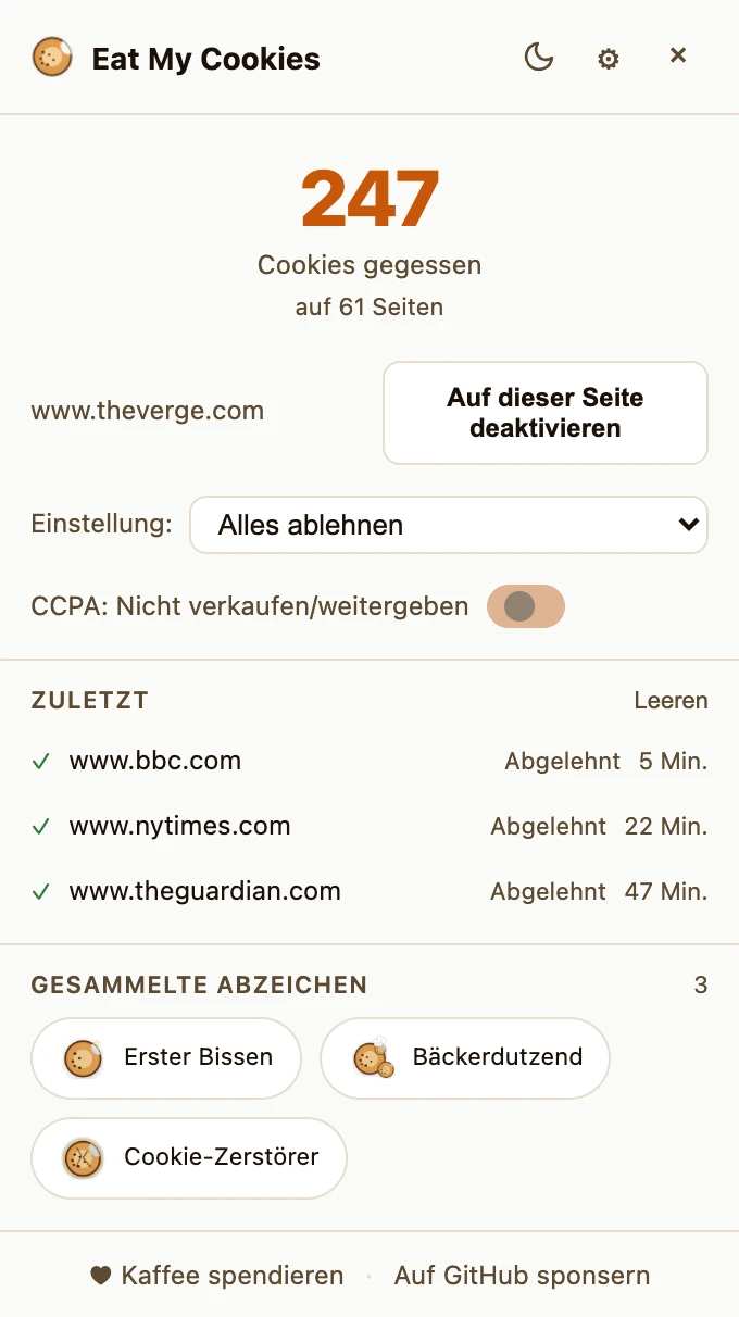 Erweiterungs-Popup mit der Schaltfläche „Auf dieser Website deaktivieren“ neben der aktuellen Domain