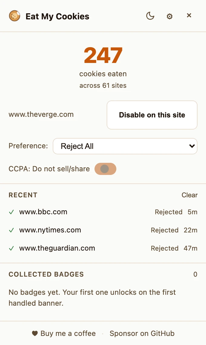 Extension popup showing the Disable on this site button next to the current domain